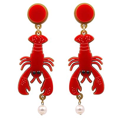 Creative Lady Acrylic Lobster Octopus Faux Pearl Pendant Statement Stud Earrings