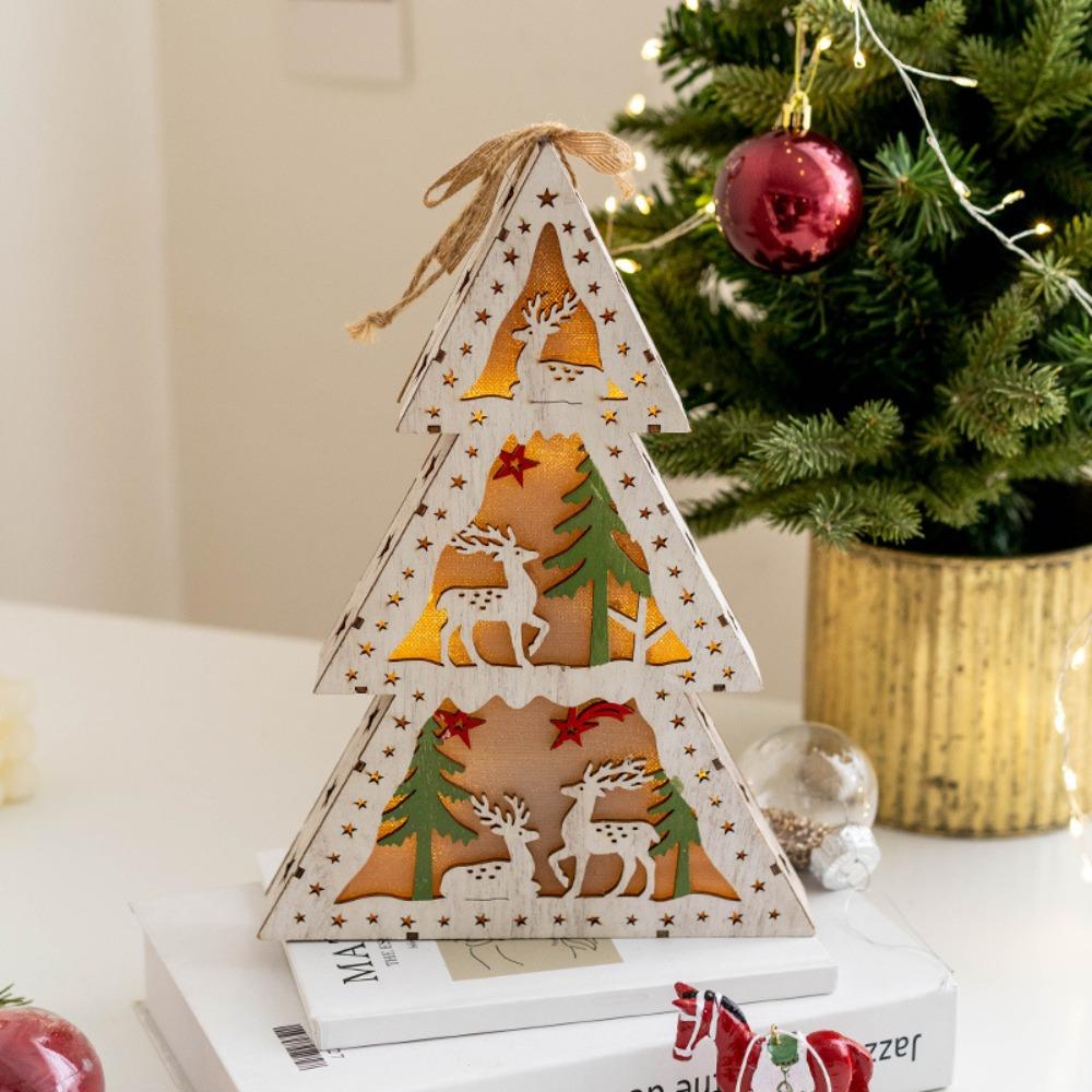 Christmas Decorations DIY Handmade House Luminous Wooden Ornaments Christmas Tree Snowman Atmosphere Pendant Send Light String