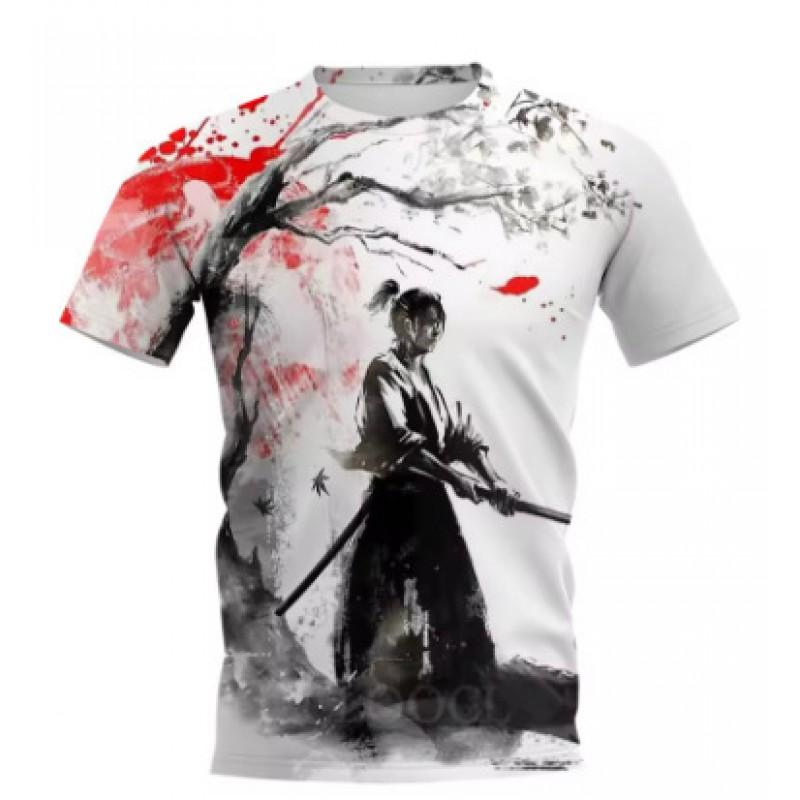 Mens Short Sleeve T-Shirt With 3D Samurai Graphic Print Breathable Cotton Blend Streetwear Style