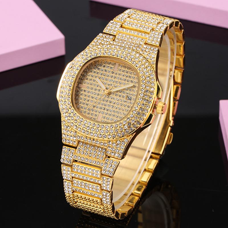 Montre Bracelet Homme Quartz Acier Doré Avec Diamants Strass - Mode, Cadeau, Neuve Avec étiquettes