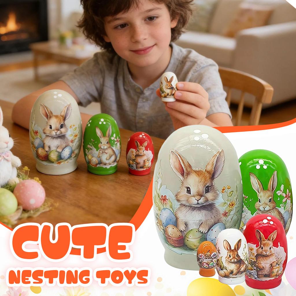Nesting Dolls ,Handmade Wooden Bunny Nesting Dolls Set For Easter Birthday Gift Home Decoration ,Spring Themed Table Decorations ,Set Of 5 Figurines