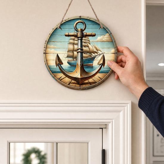 Decorative Hanging Sign Lightweight Wooden Wall Art Sign with Marine Elements Rudder Lifebuoy