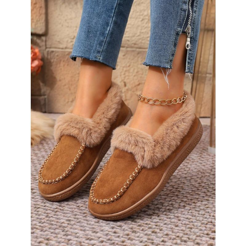New Autumn Plush Lined Flats,Cozy Fur Trimmed Shoes for Women,Plus Size Indoor Outdoor House Slippers