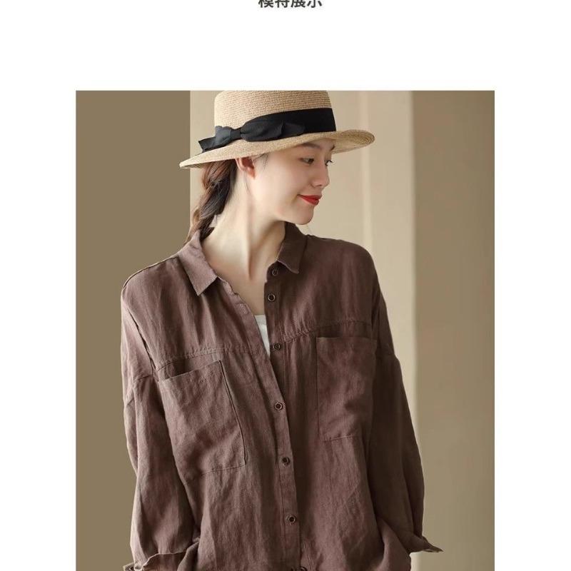 Chemise Polo Manches Longues Vintage en Coton et Lin pour Femme Blouse Décontractée