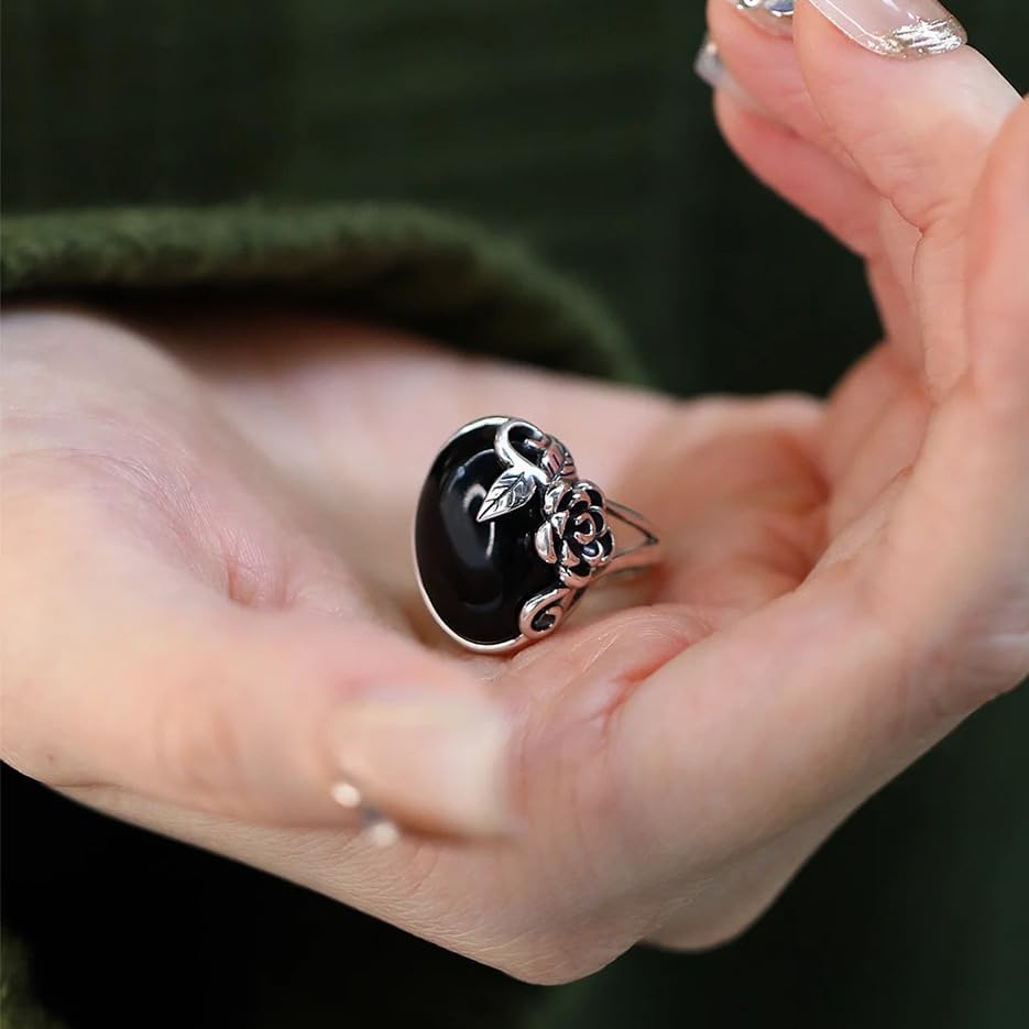 

FLYYQMIAO Кольцо-коктейль ручной работы из оникса, с цветочным овальным камнем из черного обсидиана, с розой и листьями, изящное, из серебра S925, с драгоценным камнем, эффектное, подарок
