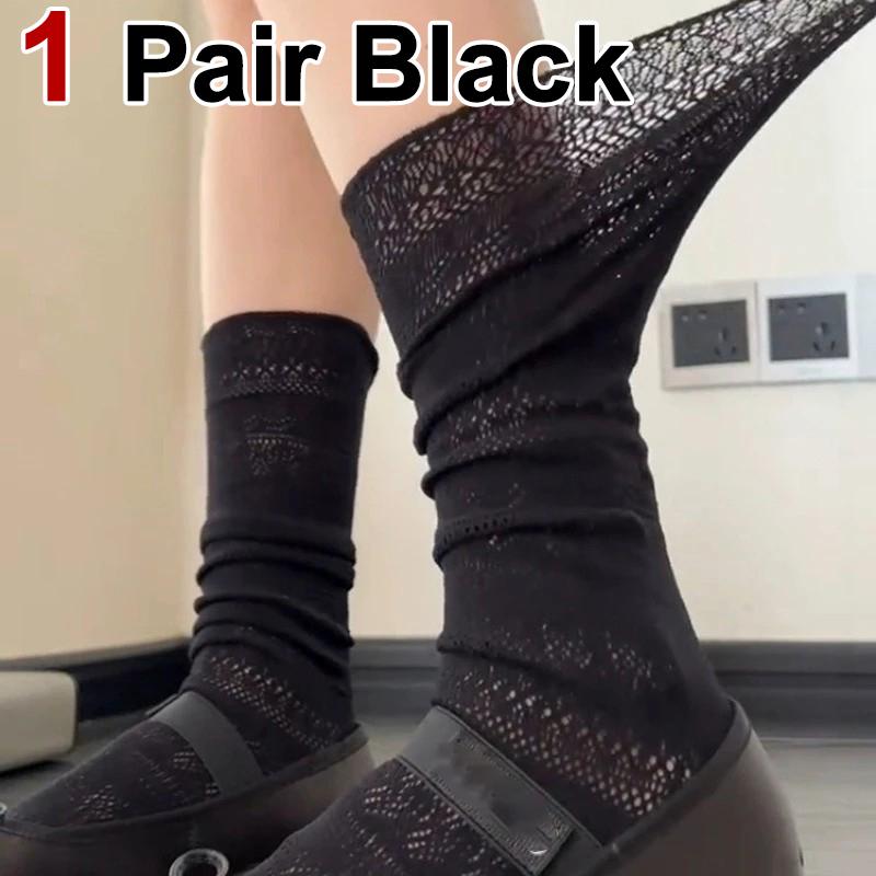 1/4 Pairs Women Lace Trimmed Knee High Socks Summer Hollow Out Design Lightweight Breathable Soft Comfortable Casual Socks