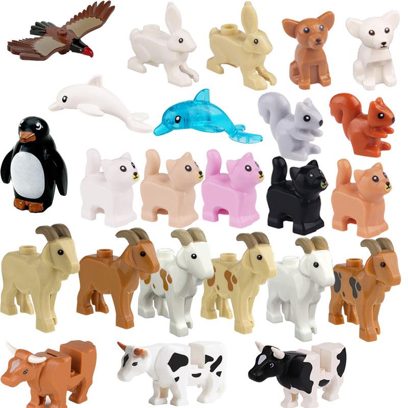 MOC City Animal Building Blocks Goat Wolf Penguins Eagle Goat Rabbit Pet Cat Dog Dairy Cattle Accessories Mini Bricks Toys Gifts