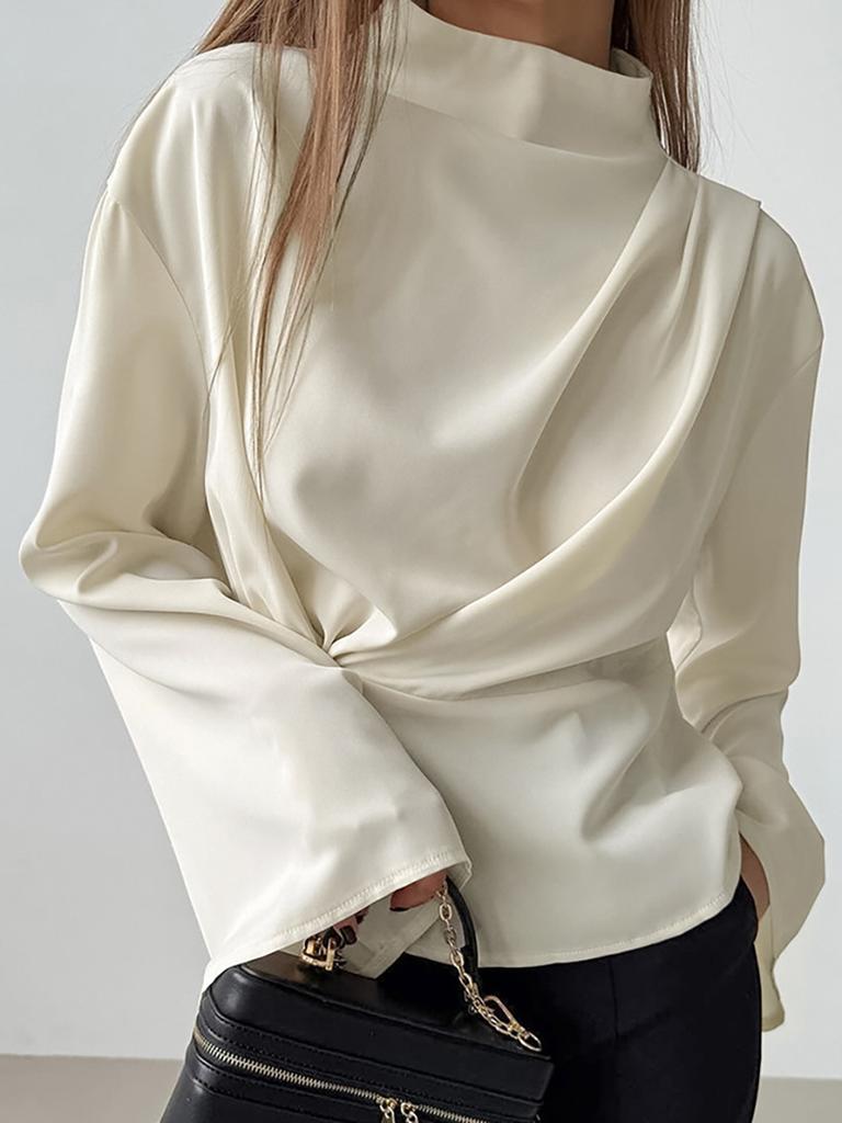 Chiffon High-End Slit Women's Shirt Spring Summer New Arrivals Apricot Color Ruched Long Sleeve Top for Women