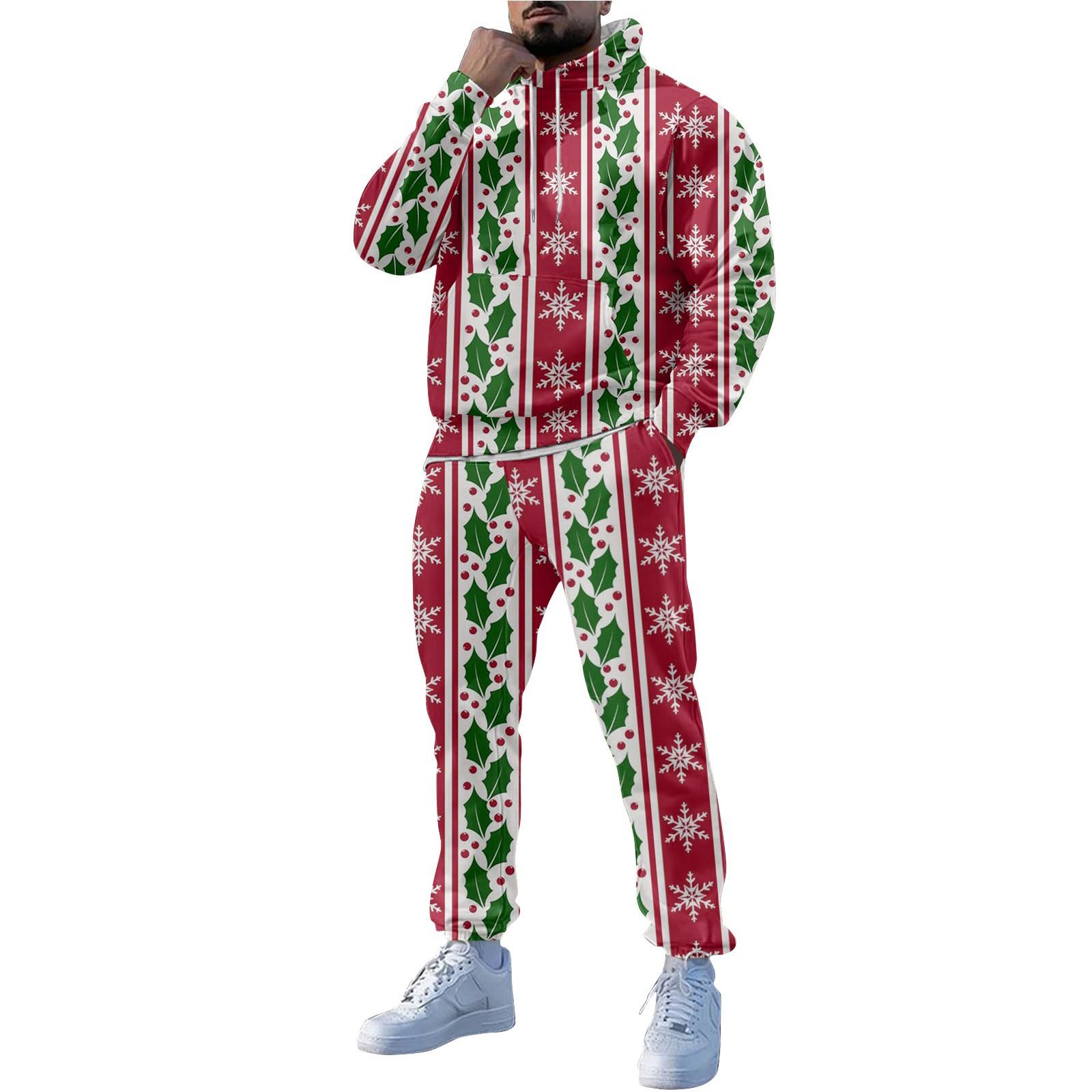 

Мужские зимние рождественские принты с длинным рукавом толстовки с капюшоном толстовка брюки костюм XL белый