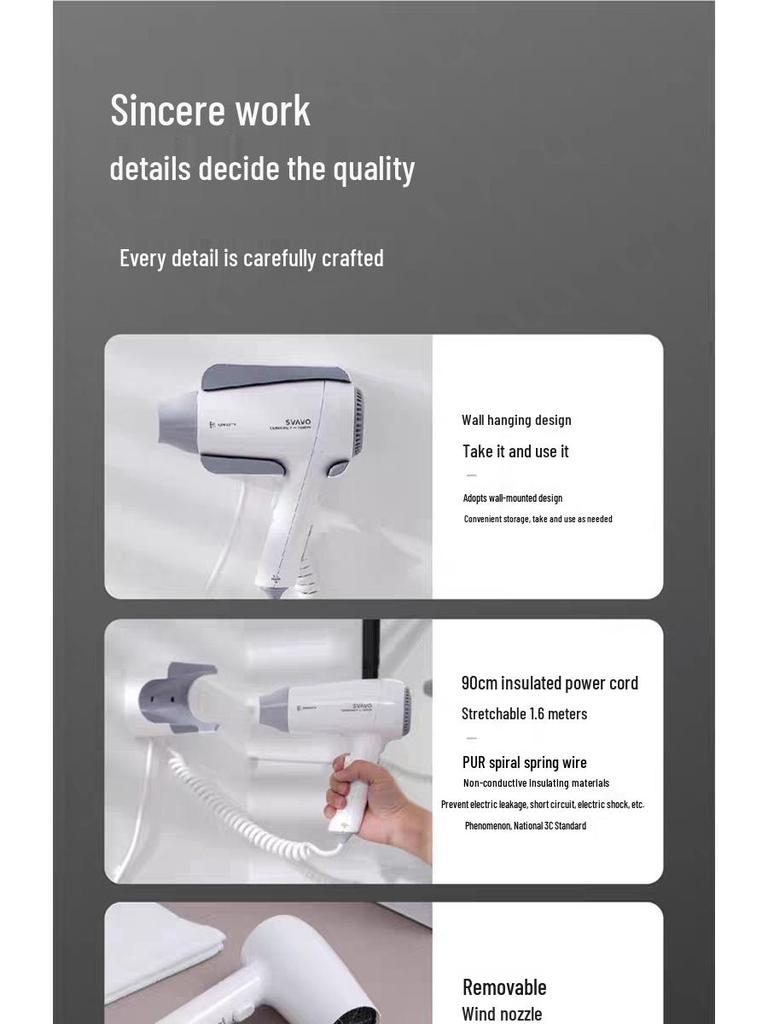 Ruivo Hotel Wall-Mounted Hair Dryer with Negative Ion Technology for Hot & Cold Air