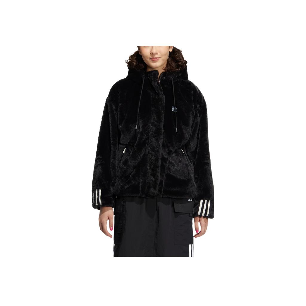 adidas Neo Winter Fur Stripe Zip Hoodie Fleece Jacket Women Outerwear Black HZ2432