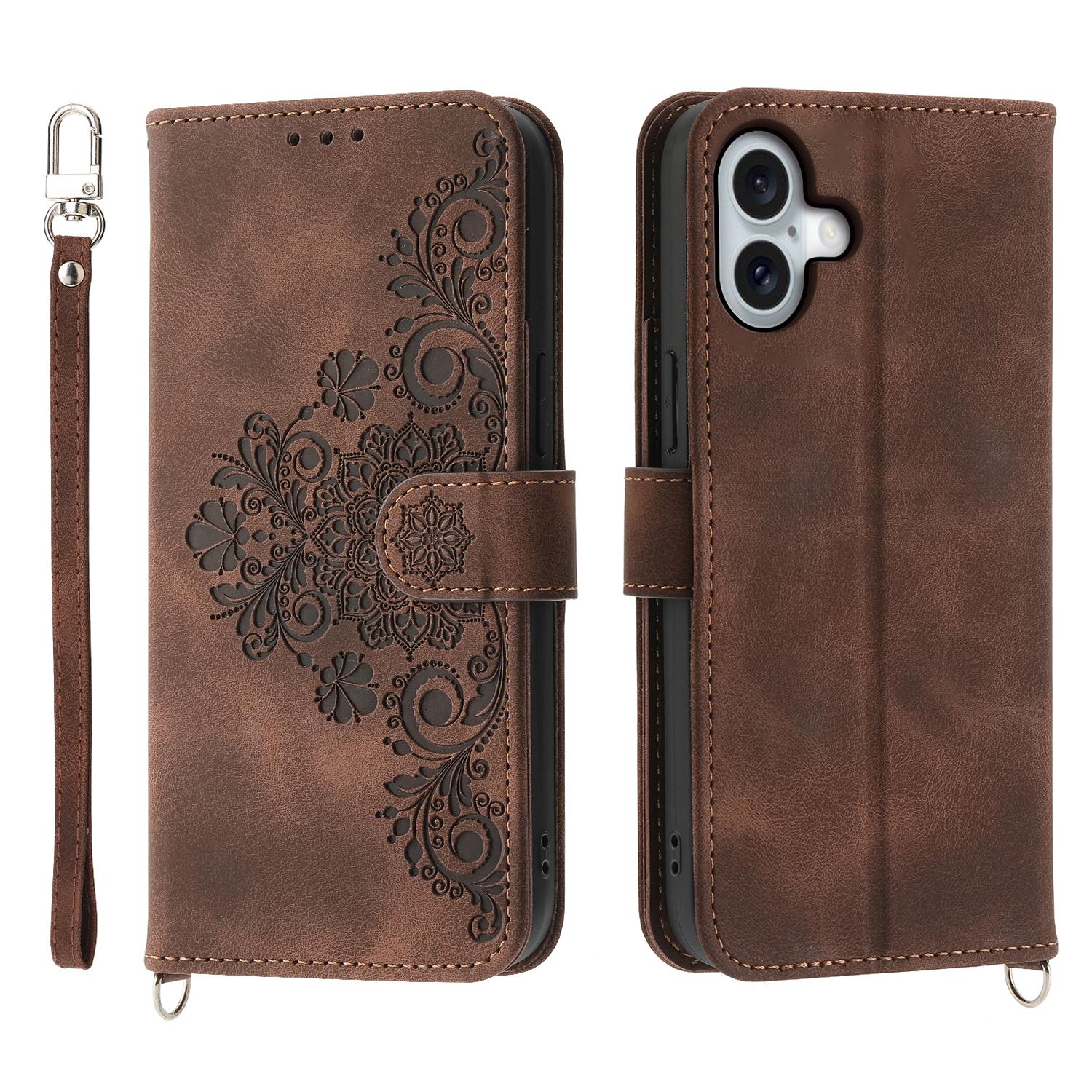 

For iPhone 17 Case Flower Pattern PU Leather Wallet Phone Cover with Strap Brown