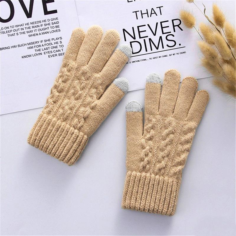 Warm Knitted Women Gloves for Autumn Winter Touch Screen Multi Color Double Layer Thick Plush Five Finger Riding Cold Resistant