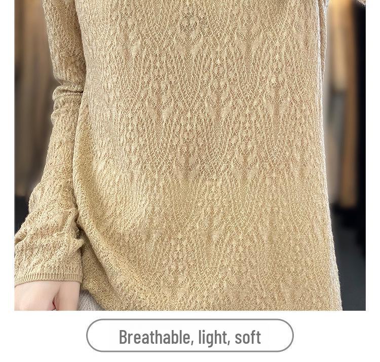 2025 Spring Worsted Wool Knit Sweater: Half-High Neck, Long Sleeve, Floral Hollow Design Pullover