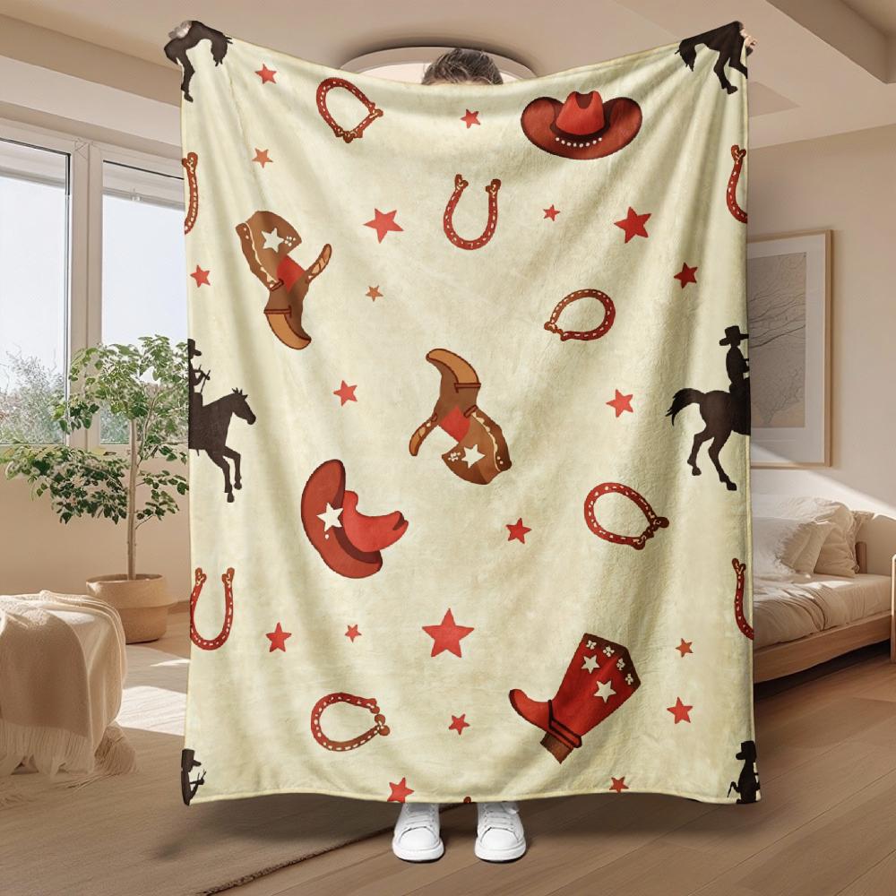 Western Cowboy Pattern, for Ranch Lovers, Soft Cozy Blanket, Horse And Boot Design, Multi-Purpose Home Decor, Warm Gift
