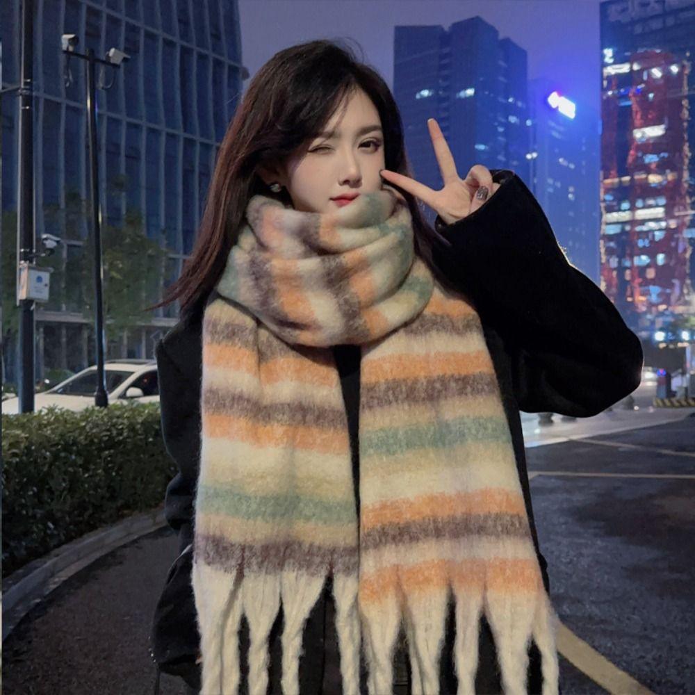 Soft Winter Cashmere Scarf Stripe Pattern Thickened Shawl Wrap Retro Long Tassel Scarves  Women