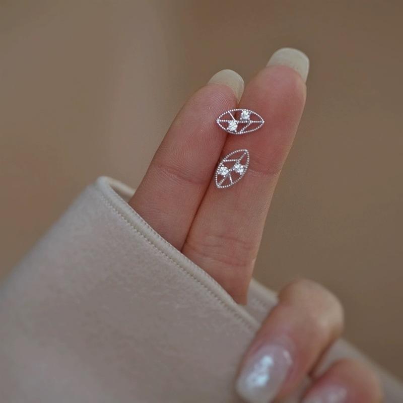 S925 Sterling Silver Gold Ear-Ring Clip Women's Hollow Small Leaf Delicate Bead-Set Diamond Shiny Earrings