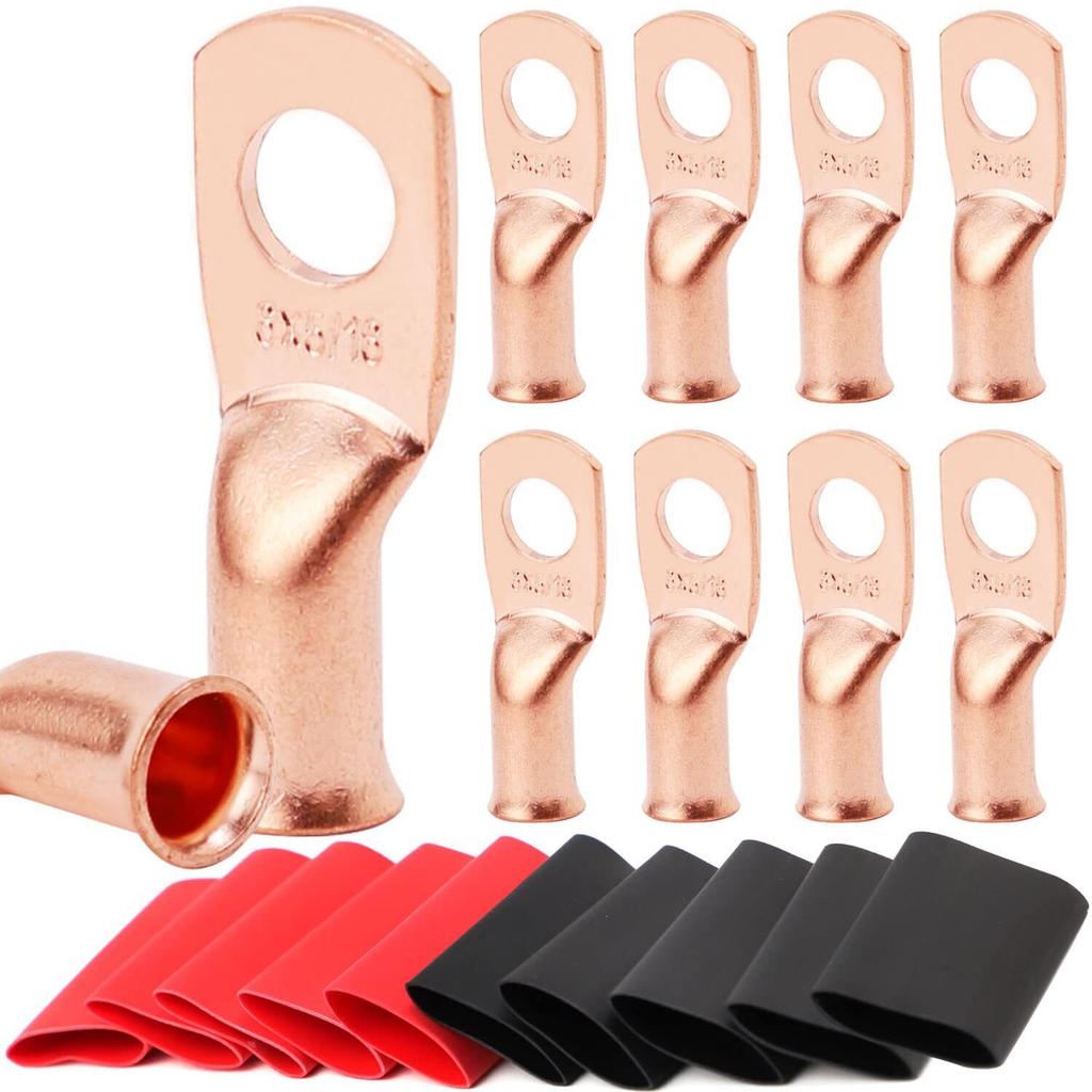 20pcs Copper Terminal Connectors, AWG 1/0 2/0 2 4 6 8 Ring Lug Kit With Shrink Tubing & Battery Cable Lugs