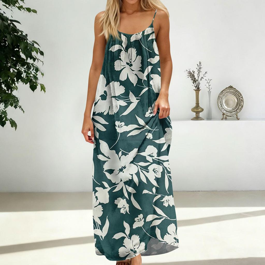 Damenmode Rückenfreies Spaghettiträger Lässiges Lockeres Blumenprint Kleid