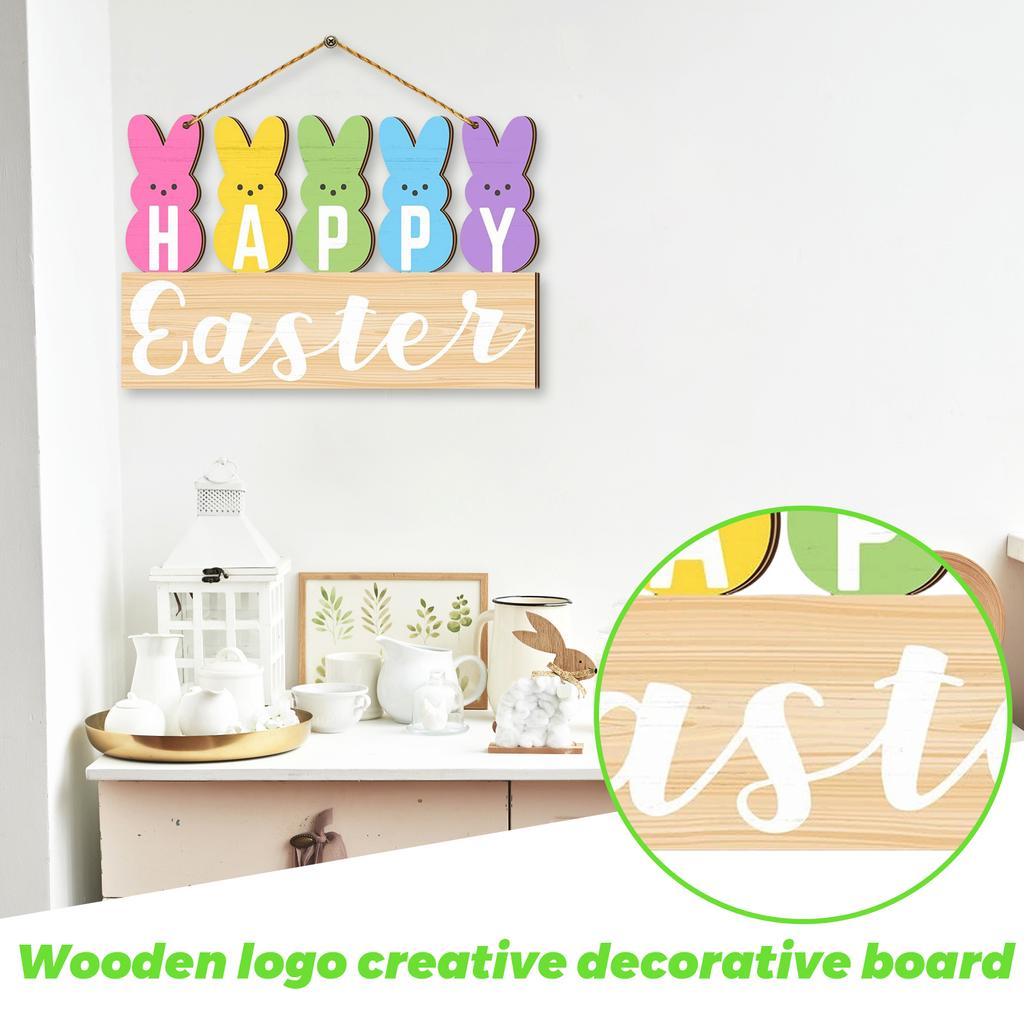 Home Decor Happy Easter Colorful Bunny Wooden Sign Creative Decorative Plaque