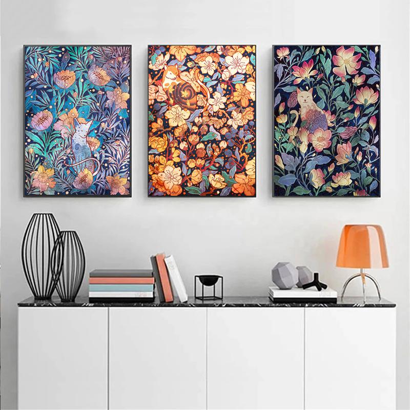 Vintage Cat Cartoon Animal Flower Plant Nordic Poster Wall Art Canvas Painting Wall Pictures for Living Room Home Decor Cuadros