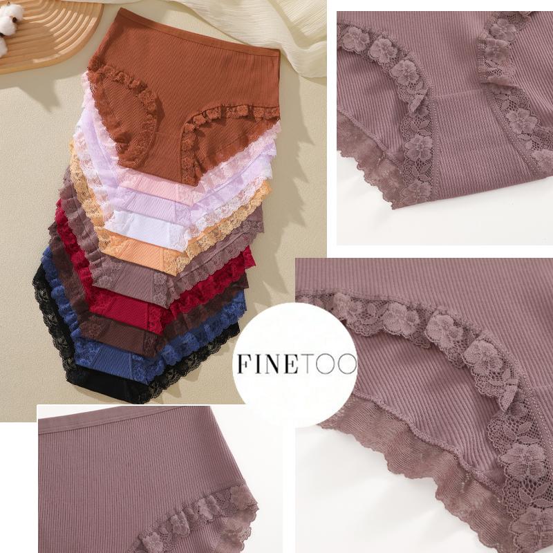 FINETOO 3Pcs/Set Women's Cotton Patchwork Lace Underwear Solid Color High Rise Ribbed Underpants Soft Breathable Panties Female Lingerie