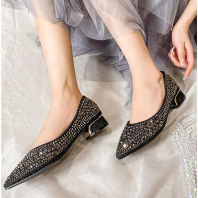 Fashion French Pointed Single Shoe Women 2024 Silver Shallow Mouth Rhinestone Flat Bottom Temperament Boat Shoes