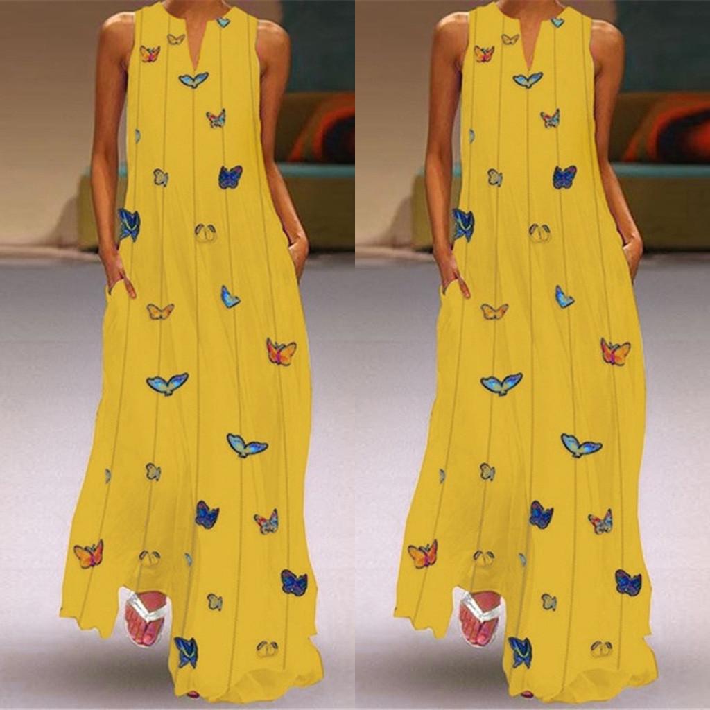 Women Vintage Daily Casual Sleeveless Striped Butterfly Printed  Summer Dress
