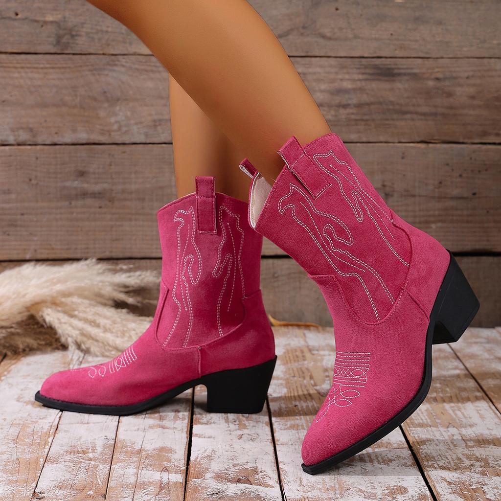 2025 new short western cowboy boots suede thick heel pointed V mouth thin British style retro short boots