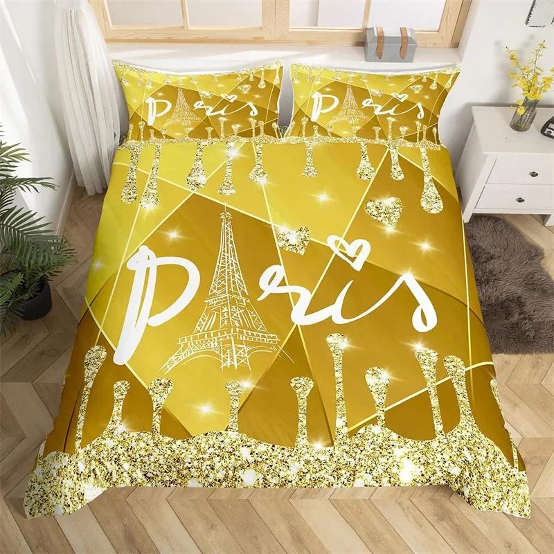 Eiffel Tower Duvet Cover Set Single Twin King For Kids Girl Teen Room Paris Bedding Set Microfiber Gradient Diamond Quilt Cover