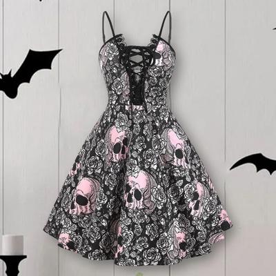 Women Halloween Sling Dress Backless Front Lace Up Lace Stitching Loose Hem Funny Skull Flower Printing Mini Dress