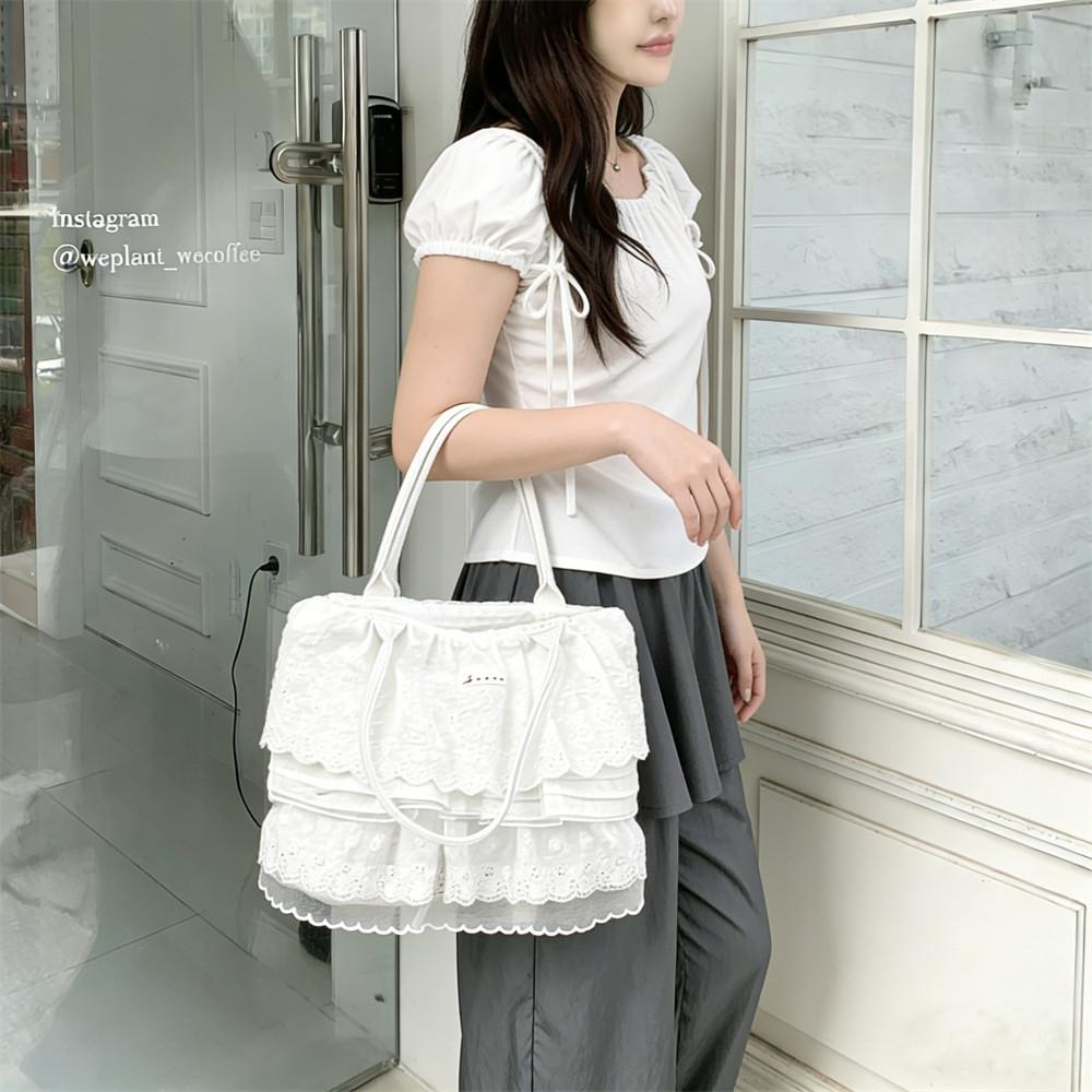 Tote Bag For Women With Lace Overlay Large Capacity Polyester Shoulder Purse For Daily Use