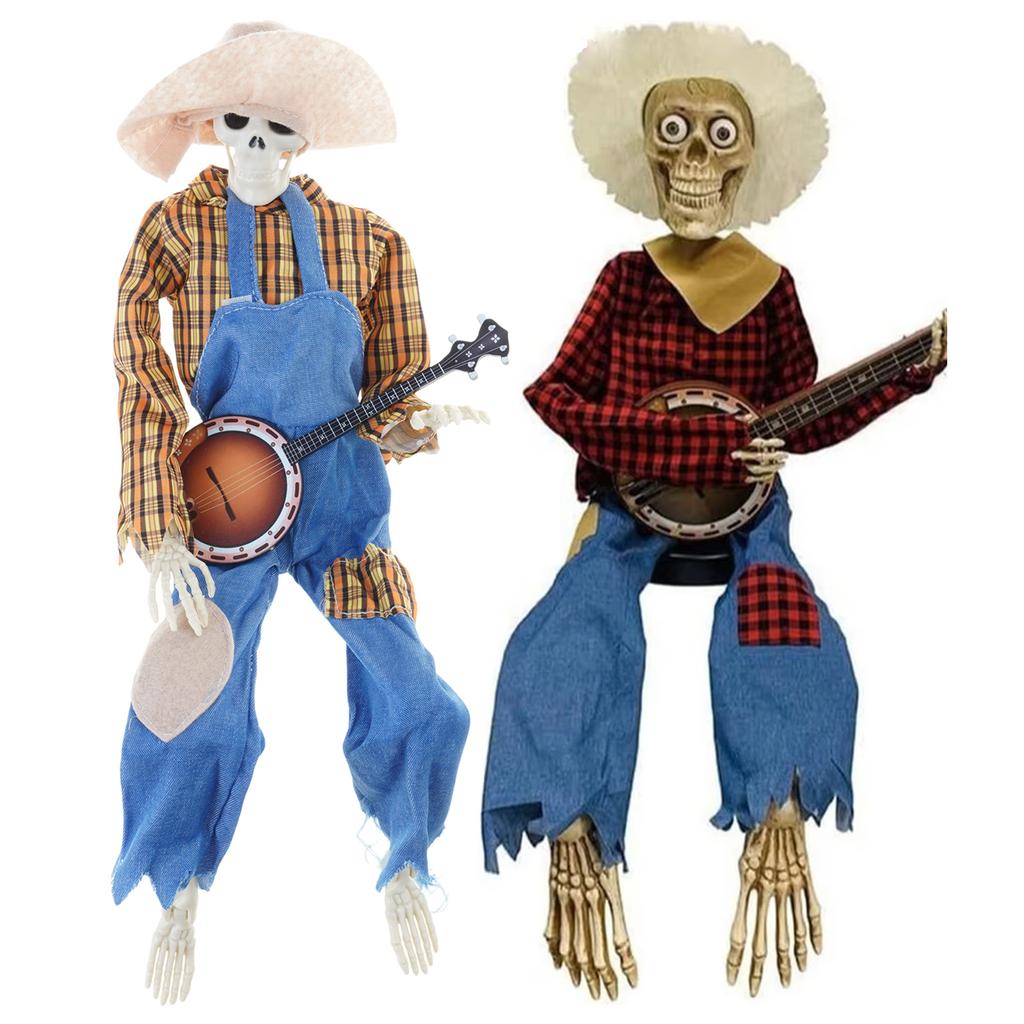Spooky Skeleton Banjo Halloween Decoration With Vibrant Red And Yellow Plaid Design For Home Party Supplies Durable Plastic Construction