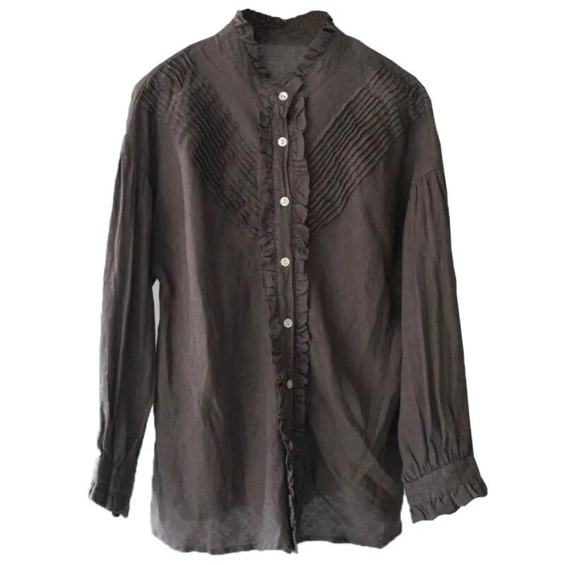 Johnature Dámské Vintage košile Topy Stojánek Jarní halenky s knoflíkem Dlouhý rukáv Jednobarevné košile v čínském stylu