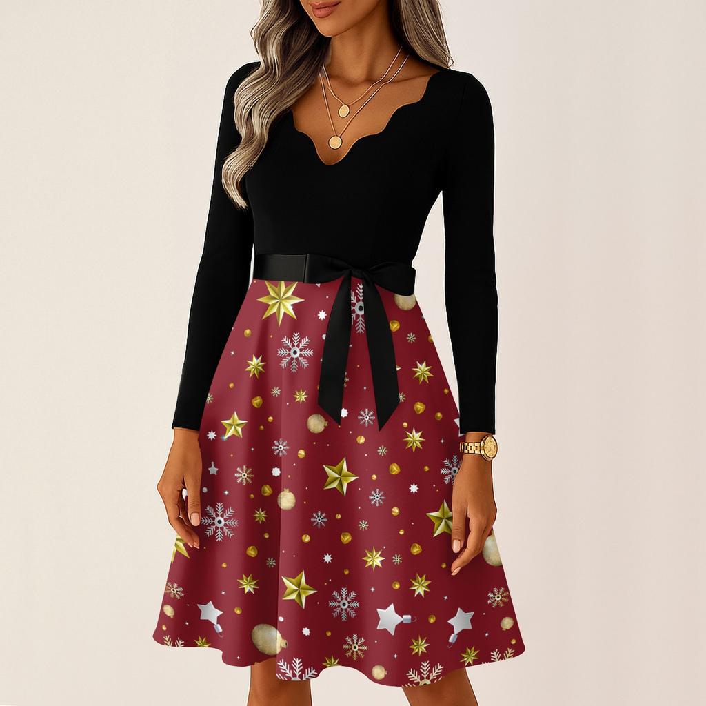 Women's Casual Fashion Long Sleeve Christmas Graphic Printed Vintage Long Dresses