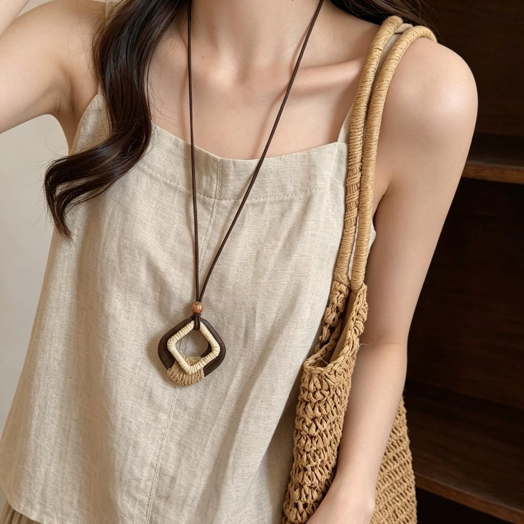 Trendy Boho Hol Hout Dikke Geometrie Bamboe Gewricht Hanger Lang Verstelbaar Koord Trui Ketting Ketting Voor Vrouwen Bedels Sieraden