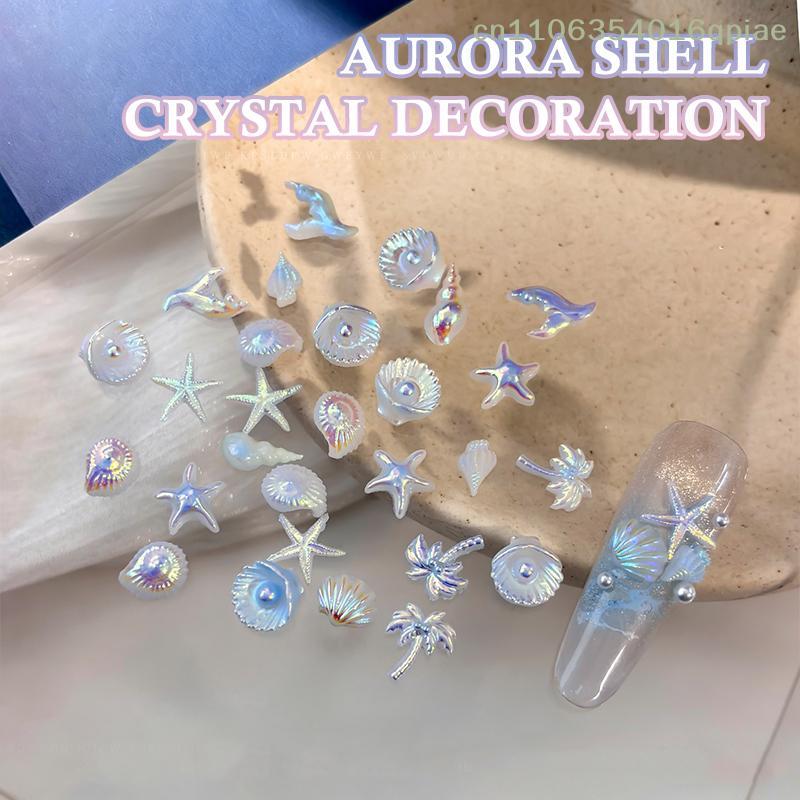 50 Pcs Ocean Nail Art Charms Aurora Shell Starfish Mermaid Tail Nail Art Decors Gem Beach Rhinestone Ice Clear Nail Decorations