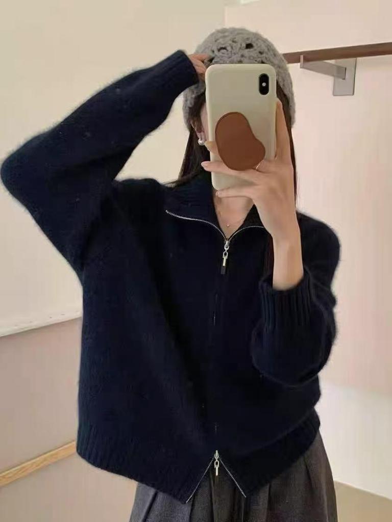 Women's 2026 Autumn/Winter Pure Wool Stand Collar Double Zipper Cardigan Sweater