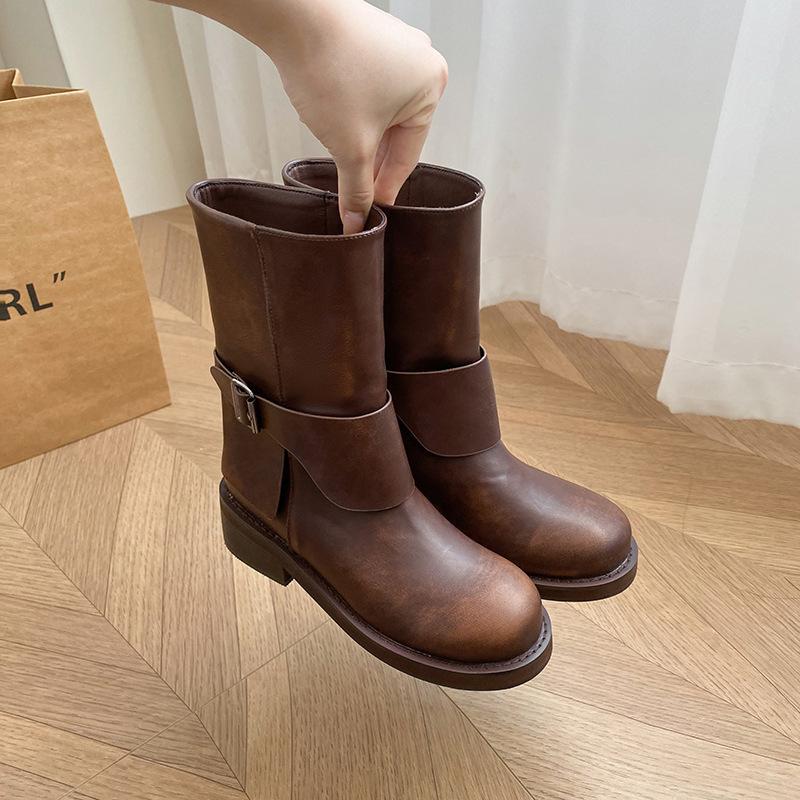 Retro Polished Round Head Martin Boots Thick Heel Belt Buckle Western Cowboy Short Boots Thin Inner Heightening Buckle Belt Martin Boots