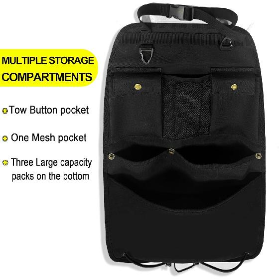 Black Car Seat Back Organizer with Multiple Pockets and Hooks