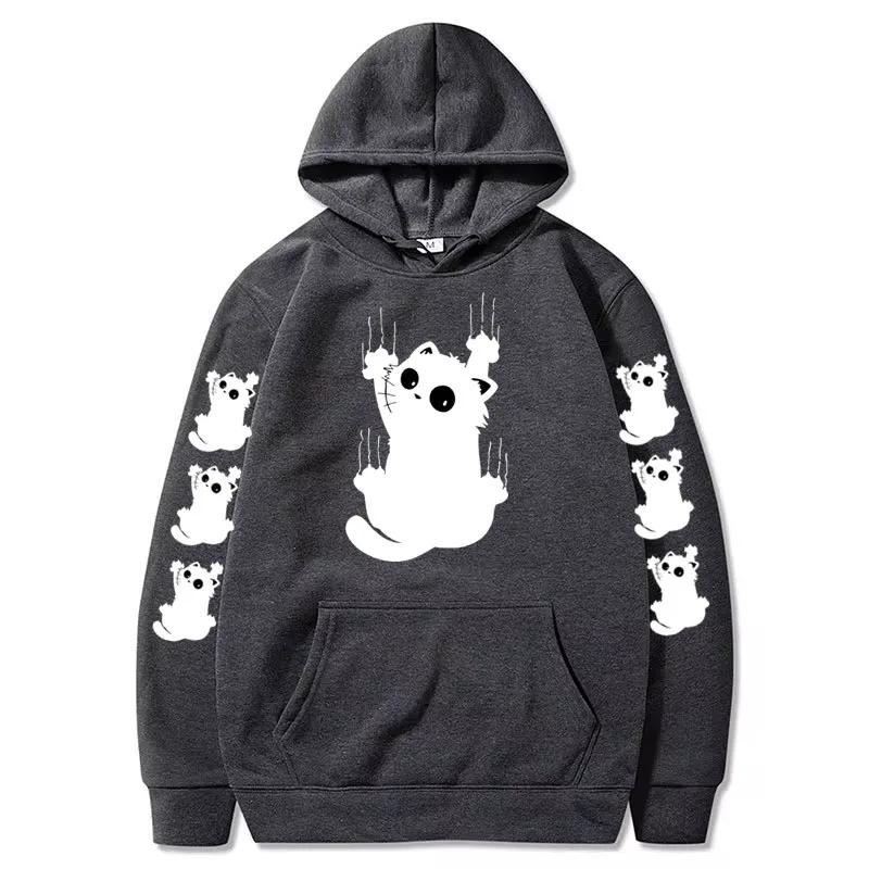 Autumn Winter Women Funny Cat Print Hoodie Casual Drawstring Hooded Long Sleeve Pocket Sweatshirt Cat Women's Clothing