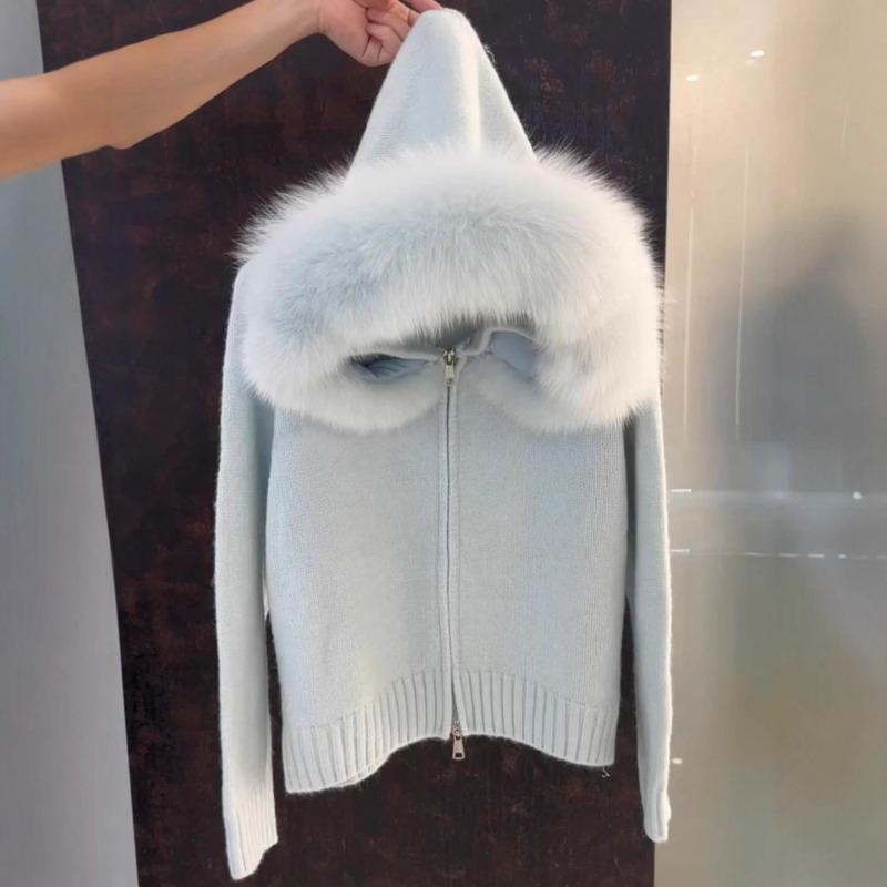 Vielseitiger großer Pelzkragen Kapuzen-Reißverschluss Lässiger Wind Strickjacke Jacke Herbst und Winter Strickpullover Oberteil