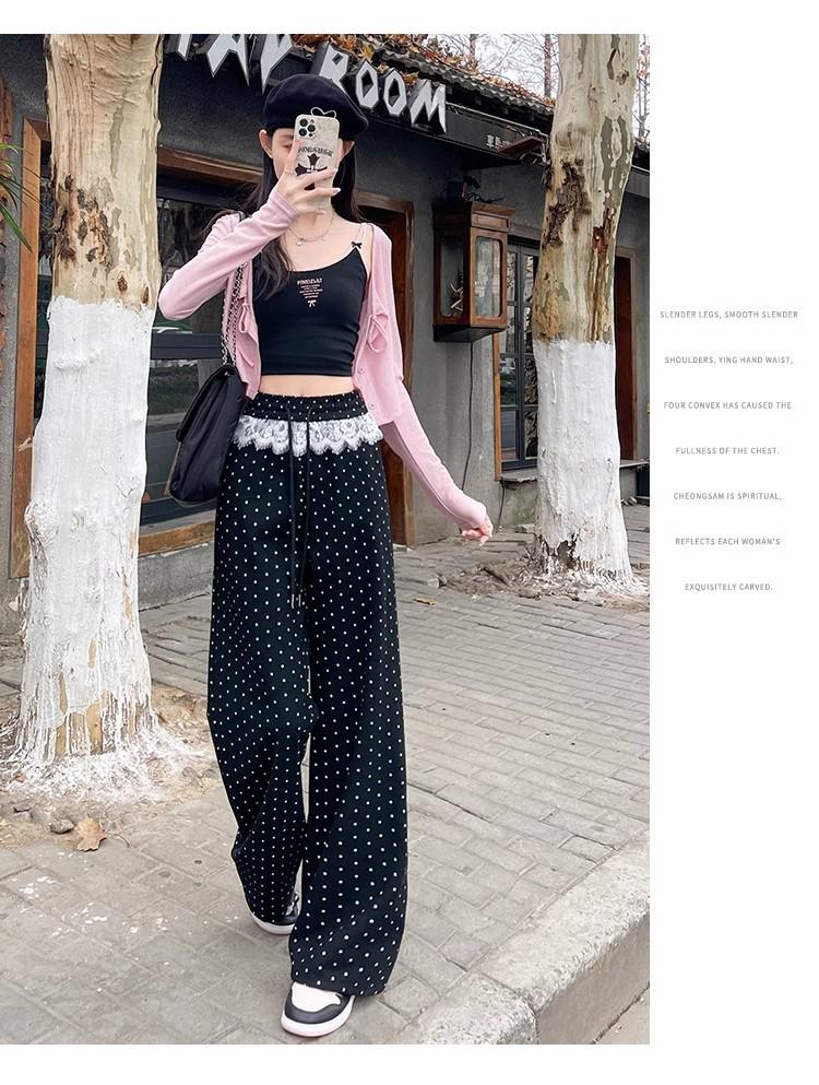Women's High-Waist Polka Dot Lace Patchwork Wide-Leg Pants - Spring 2025 Collection