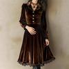 Retro Style Brown Velvet Dress Lapel Mid-sleeved Lace Edge Waist Pendulum Design Elegant Celebrity Retro Dress