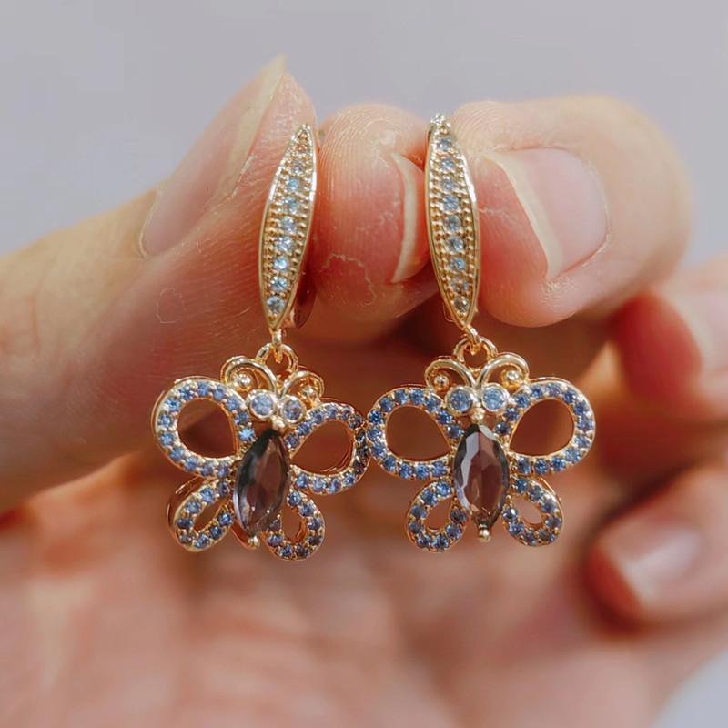 Cercei cu picătură fluture cu zircon mov la modă coreeană pentru femei, cercei de culoare aurie, bijuterii, accesorii de petrecere