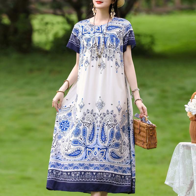 Damen Plus Size Boho-Print Maxikleid, Kurzarm Freizeit-Sonnenkleid (XL-5XL)