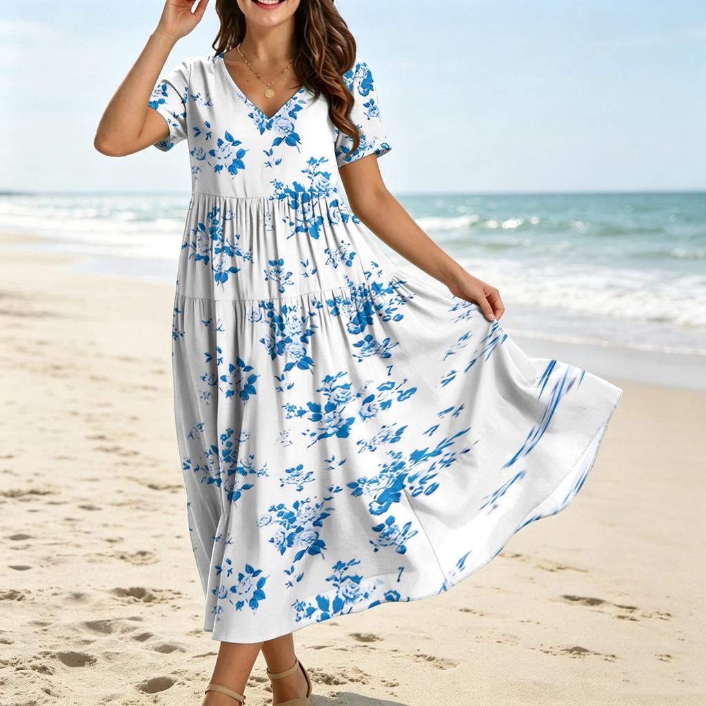 Women Loose Fit Bohemian Style Short Sleeve V Neck Dress with Gradient Floral Print Casual Summer Midi Dress