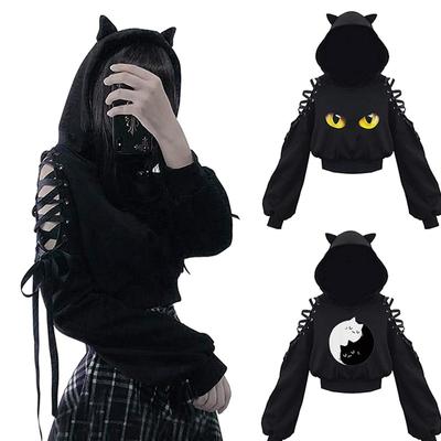 Y2K Dámské Mikiny s dlouhým rukávem Kawaii Cat Ears Mikina Gotický Punk Harajuku Cold Shouler Bandage Gotické černé mikiny