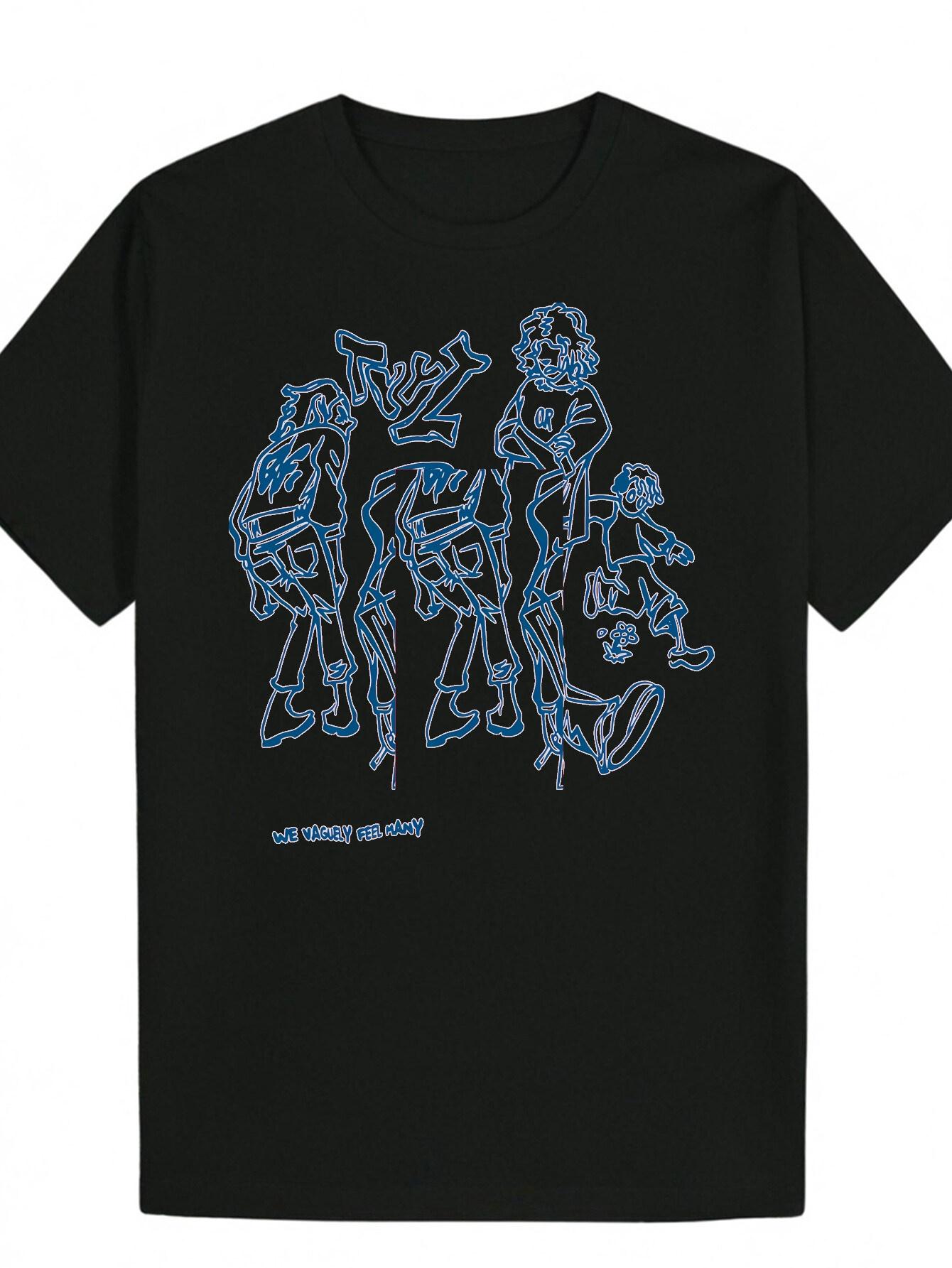 Short Sleeve T-shirt - Black with Blue Artistic Portrait Print S
