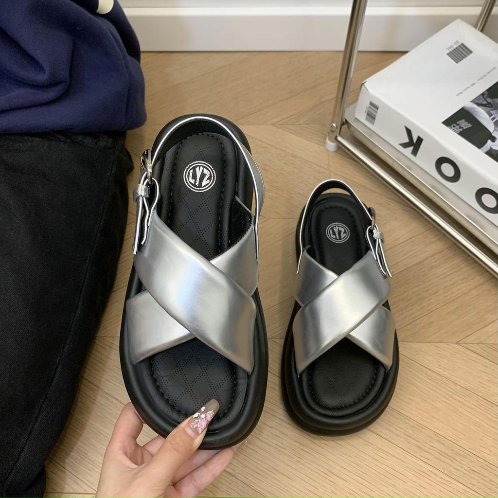 Silver platform casual word with sandals women's 2025 summer new fashion Internet celebrity viral trends Roman shoes